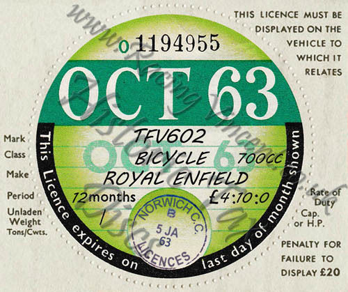 Facsimile Personalised Tax Disc - 1963