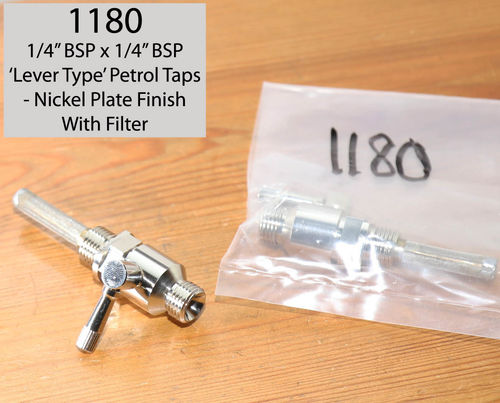 !930's-1950's Lever Type 1/4" BSP Petrol Tap - With Filter.  Nickel Finish - Each