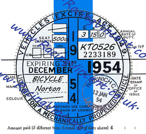 Facsimile Personalised Tax Disc - 1954