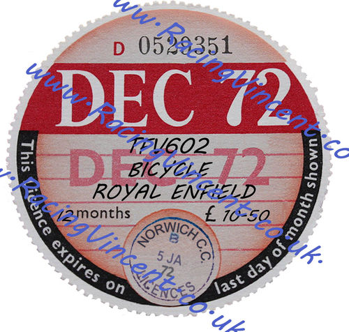 Facsimile Personalised Tax Disc - 1972