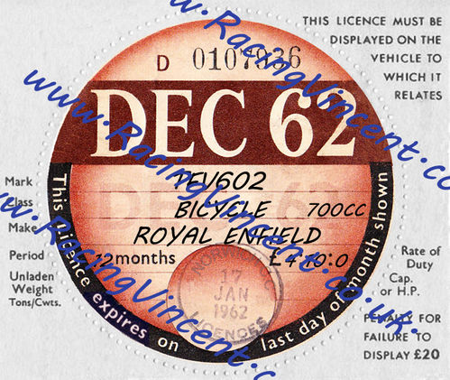Facsimile Personalised Tax Disc - 1962