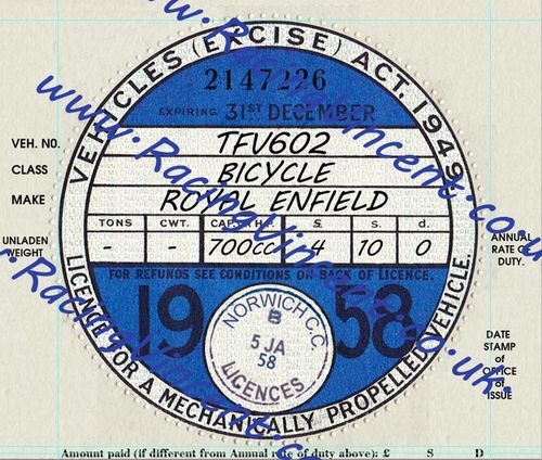 Facsimile Personalised Tax Disc - 1958