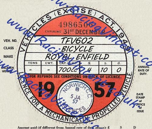 Facsimile Personalised Tax Disc - 1957