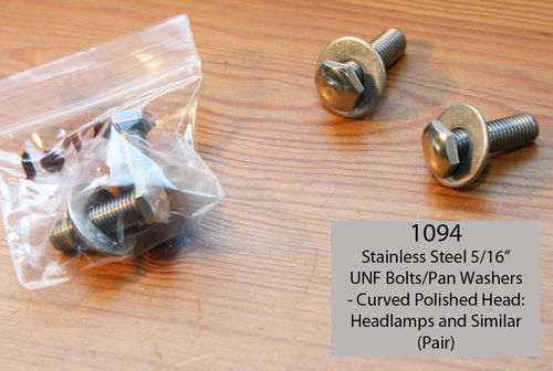 5/16 x 1" Stainless Bolt with Dome Head + Washer - To fit Repro Lucas Headlamp Unit (Pair of each)