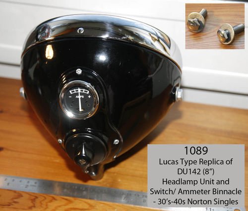 Lucas Type DU142 8 Inch Headlamp Unit + Switch/Ammeter Panel (Norton 1930's-40's) - Black (Complete)